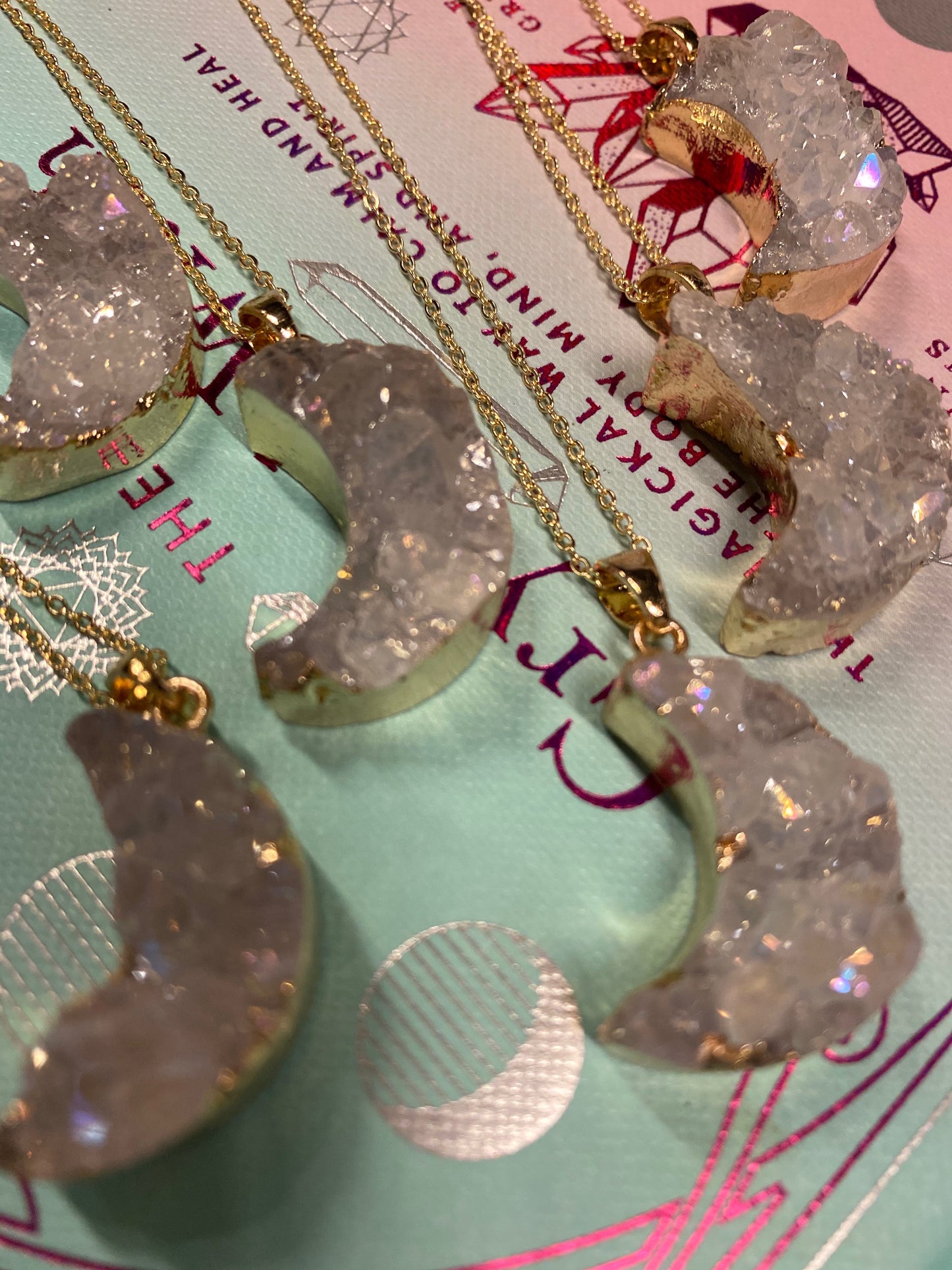 Moon Shaped Angel Aura Quartz Cluster Necklace- Beauty• Rejuvenation• Love• Harmony