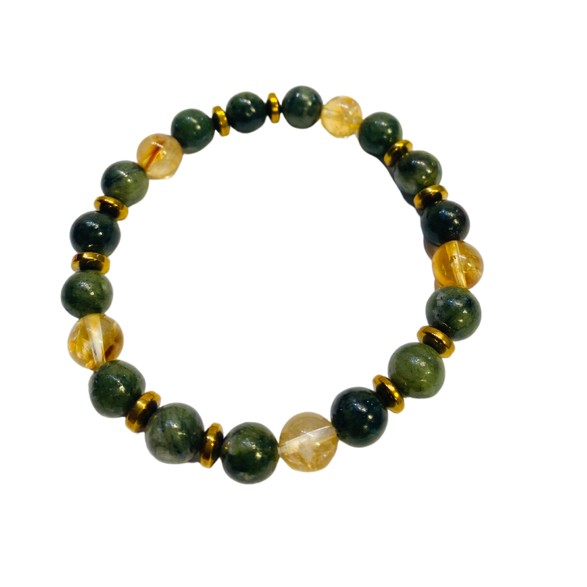 Green Jade, Citrine, and Gold Square Spacer Bracelet- Prosperity & Luck