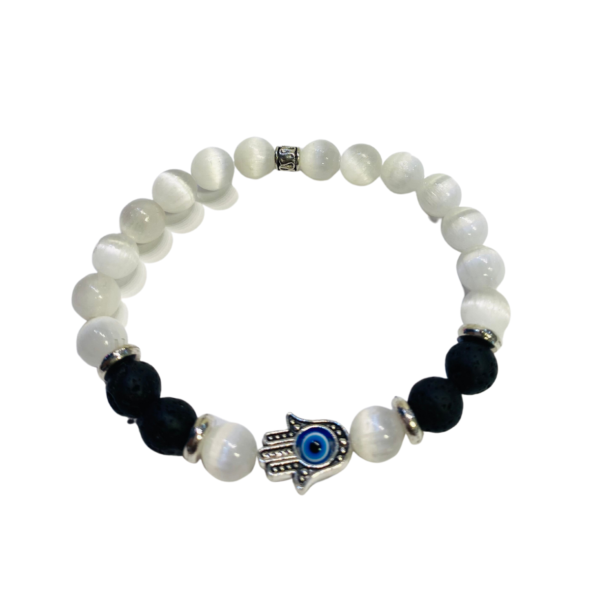 Selenite, Lava Stone, and Hamsa Hand Bracelet-Protection・Cleansing