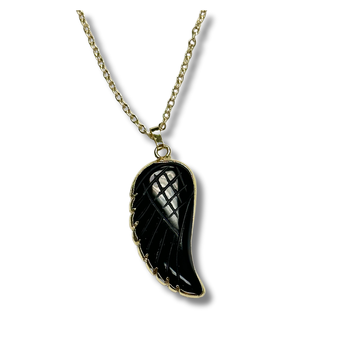 Black Obsidian Angel Wing Necklace - Gold Plated for Protection and Grounding