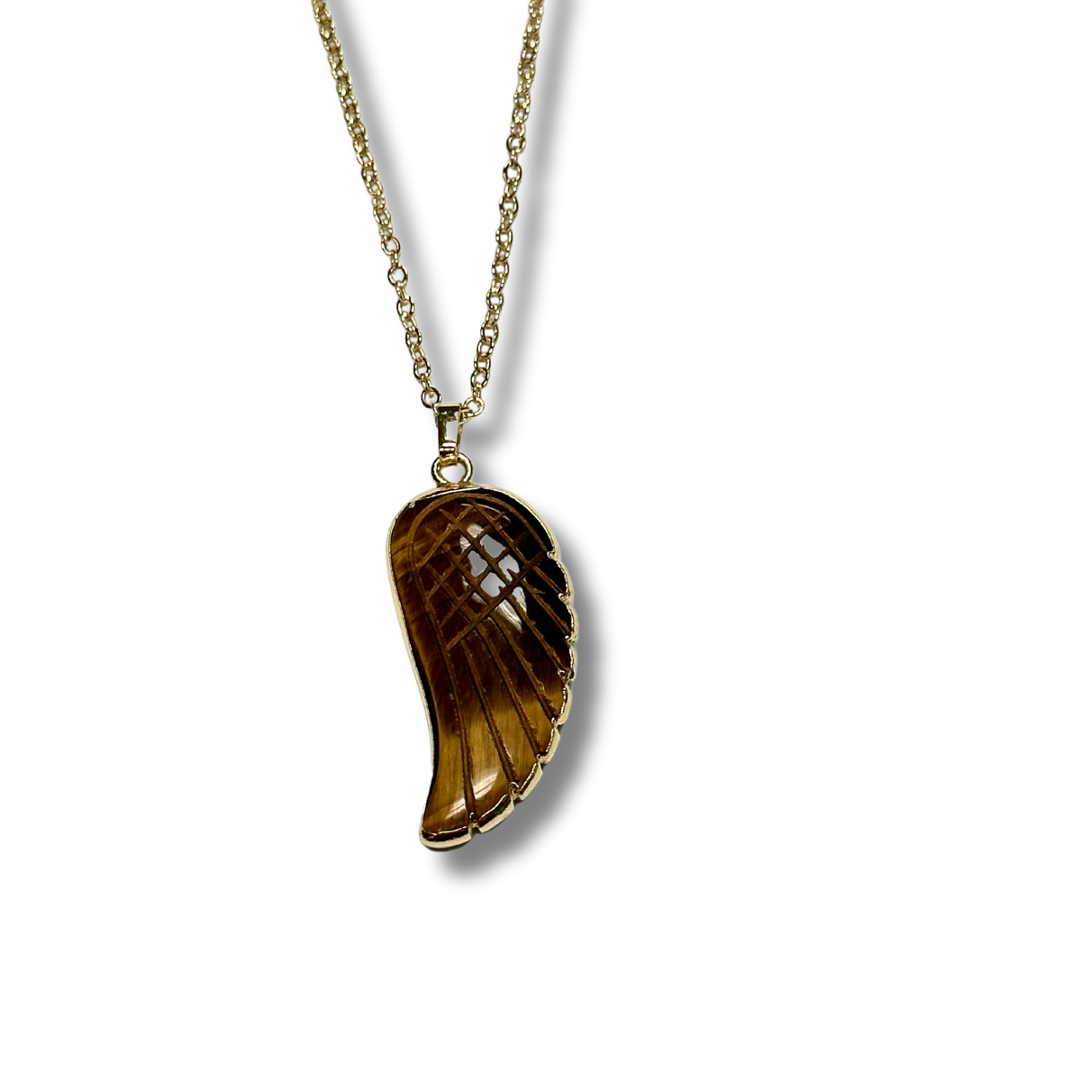 Tiger's Eye Angel Wing Necklace - Gold Plated for Protection and Courage