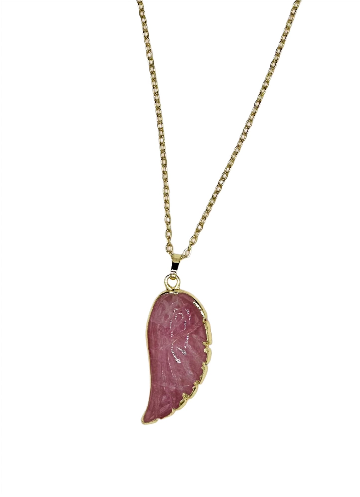 Rose Quartz Angel Wing Necklace - Gold Plated for Protection and Courage