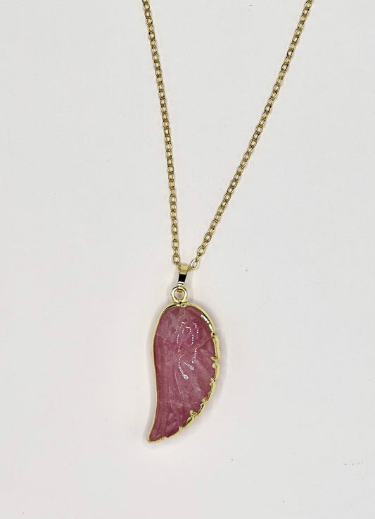 Rose Quartz Angel Wing Necklace - Gold Plated for Protection and Courage
