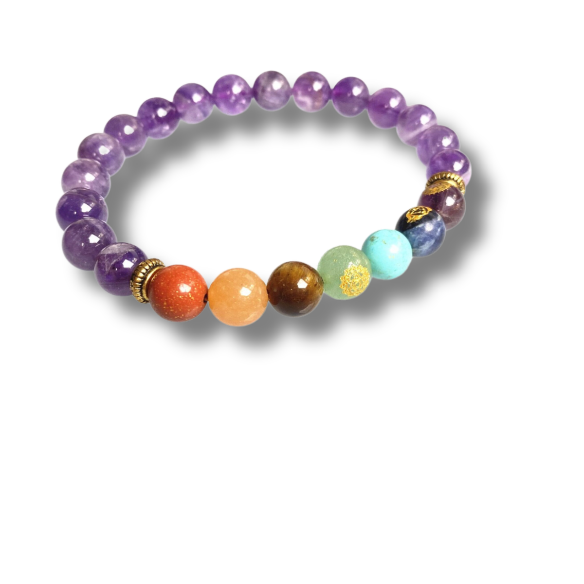 Amethyst 7 Chakra Bracelet with Gold Accents, and Engraved Chakras