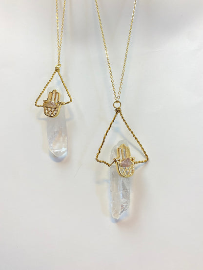 Amethyst / Clear Quartz Hamsa Necklace ~ Protection•Self Love•Healing