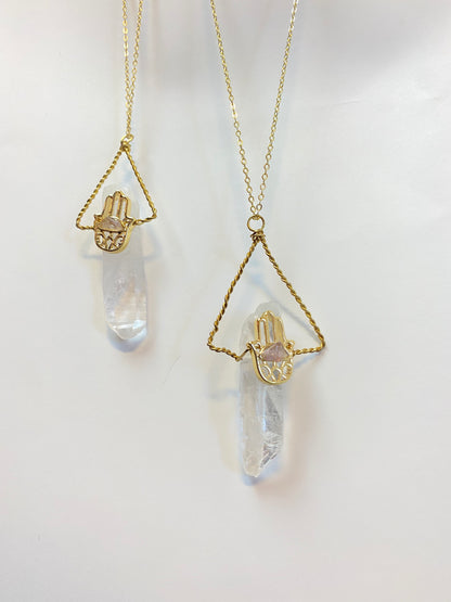Amethyst / Clear Quartz Hamsa Necklace ~ Protection•Self Love•Healing
