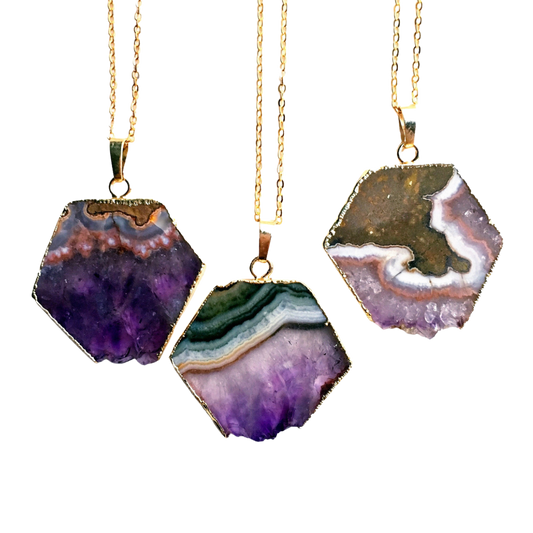Hexagon Natural Amethyst Slice Necklace ~ Protection
